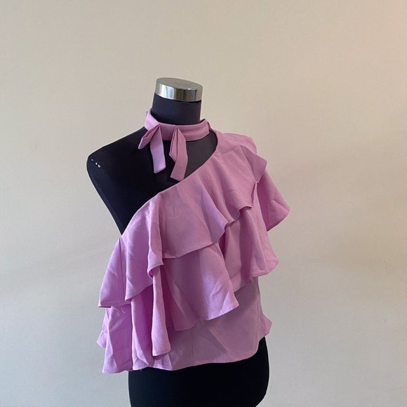 Purple One Shoulder Ruffle Blouse Size Large - Picture 2 of 6
